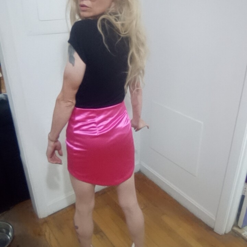 Hot pink satin mini skirt